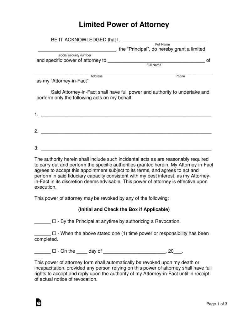 Free Limited (Special) Power Of Attorney Forms - Pdf | Word | Eforms - Free Printable Power Of Attorney Form California