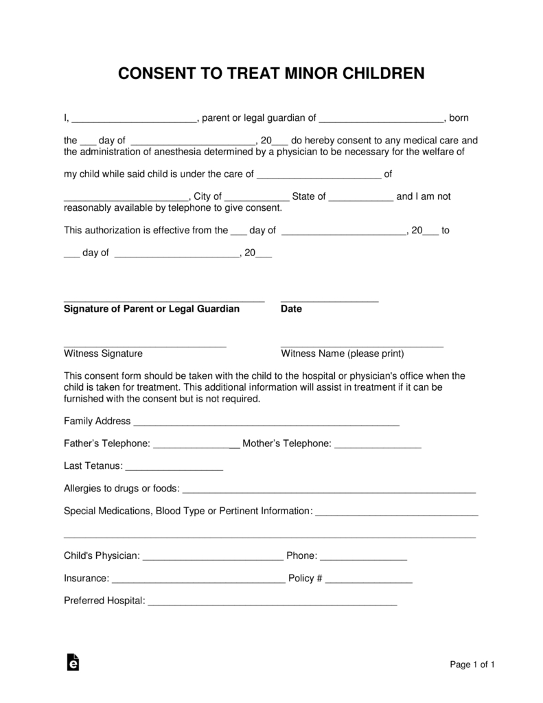 Free Minor (Child) Medical Consent Form - Word | Pdf | Eforms – Free - Free Printable Medical Consent Form