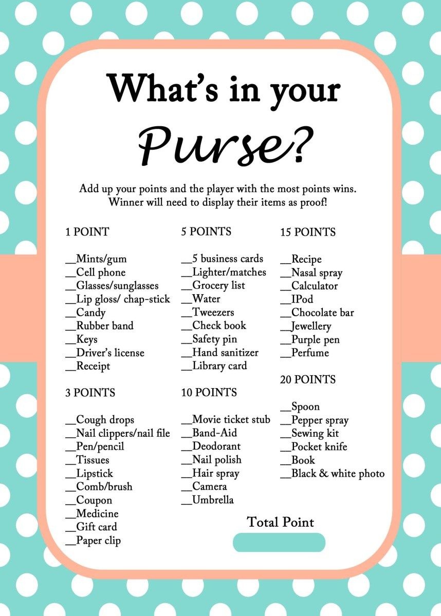 Free Mint Bridal Shower Game Printables | Important Info | Bridal - Free Printable Baby Shower Game What&amp;#039;s In Your Purse