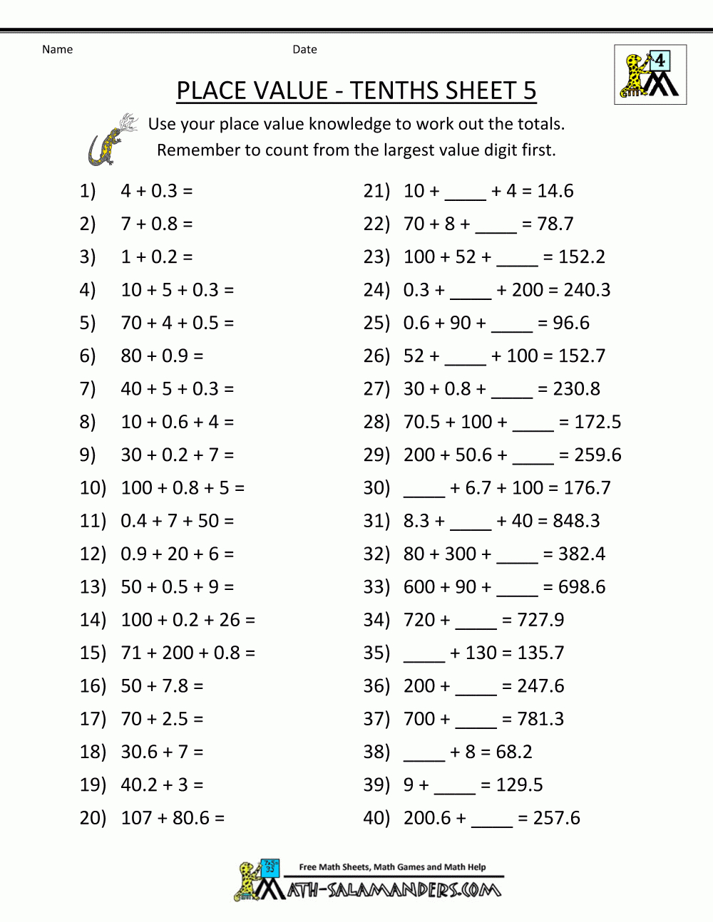 Free Online Math Worksheets Place Value Tenths 5 | Math | Math - Free Printable 5 W&amp;#039;s Worksheets
