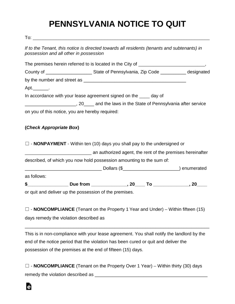 Free Pennsylvania Eviction Notice Forms | Process And Laws - Pdf - Free Printable Eviction Notice Pa