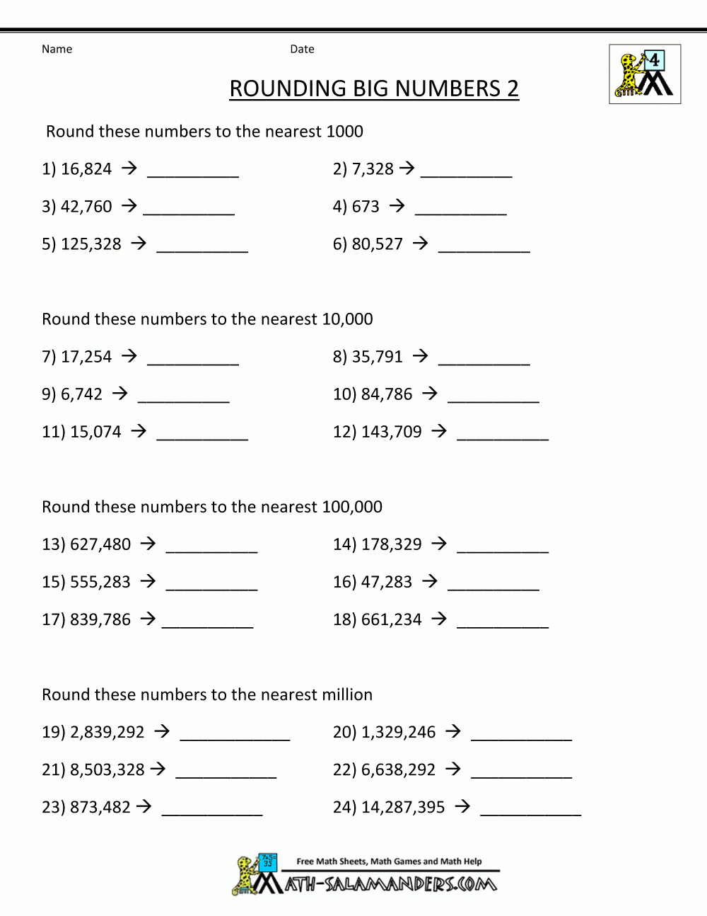 Free Place Value Worksheets Rounding Big Numbers 2 | 4Th Grade Math - Free Printable 4Th Grade Rounding Worksheets