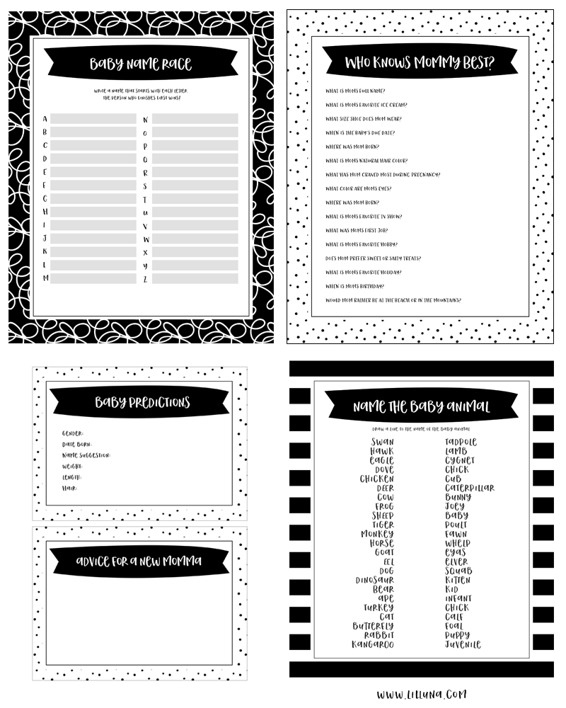 Free Printable Baby Shower Games - 5 Games (In 3 Colors!) | Lil&amp;#039; Luna - Free Printable Online Baby Shower Games