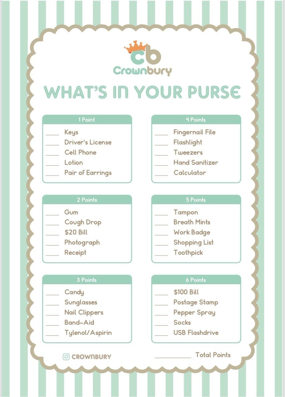 Free Printable: Baby Shower Games - What&amp;#039;s In Your Purse | Crownbury - Free Printable Baby Shower Games What&amp;amp;#039;s In Your Purse
