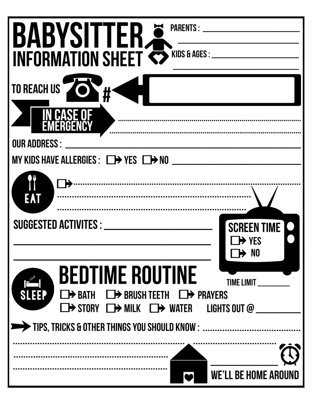 Emergency Information Sheet Education Life Skills Babysitter Free Printable Parent