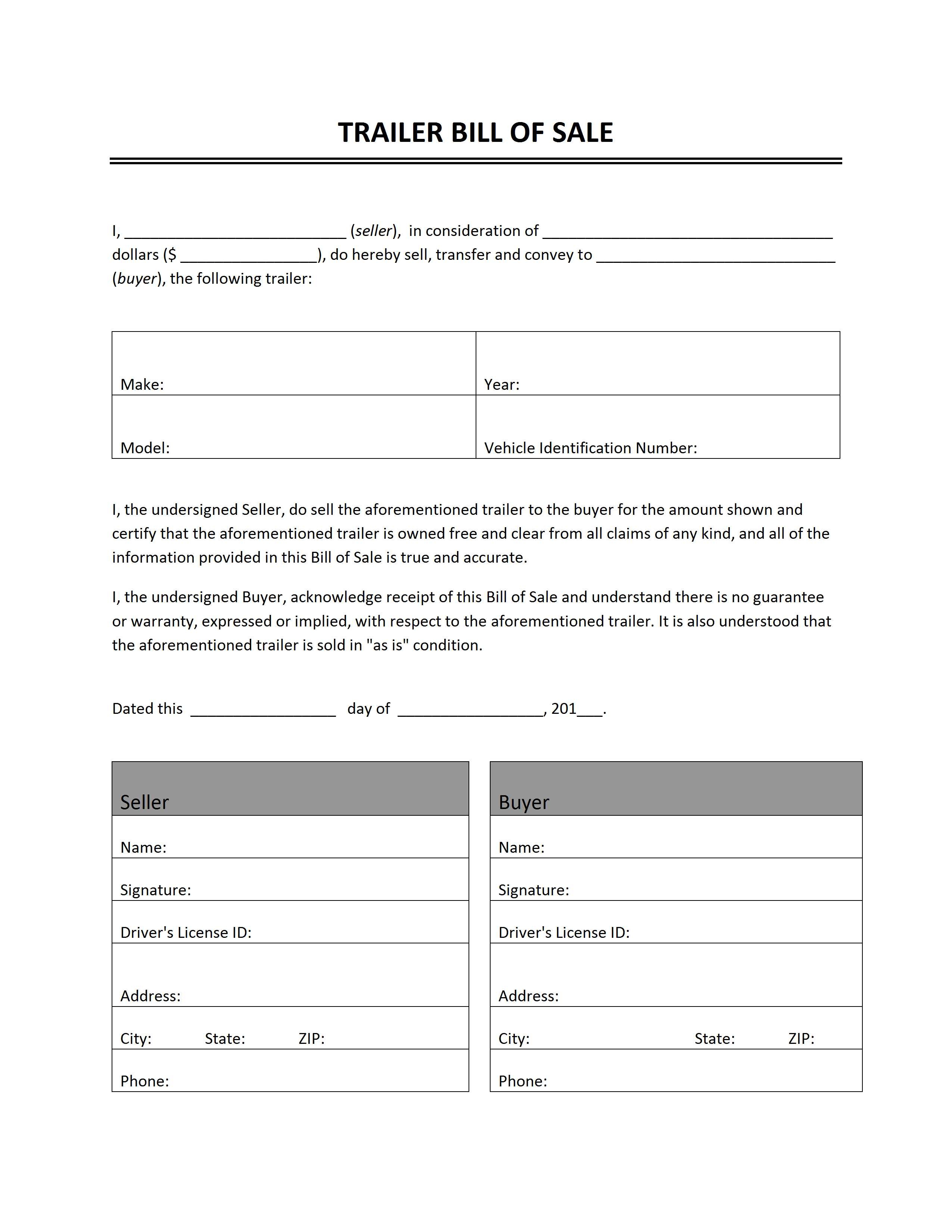 Free Printable Bill Of Sale Camper Form (Generic) - Free Printable Bill Of Sale Form