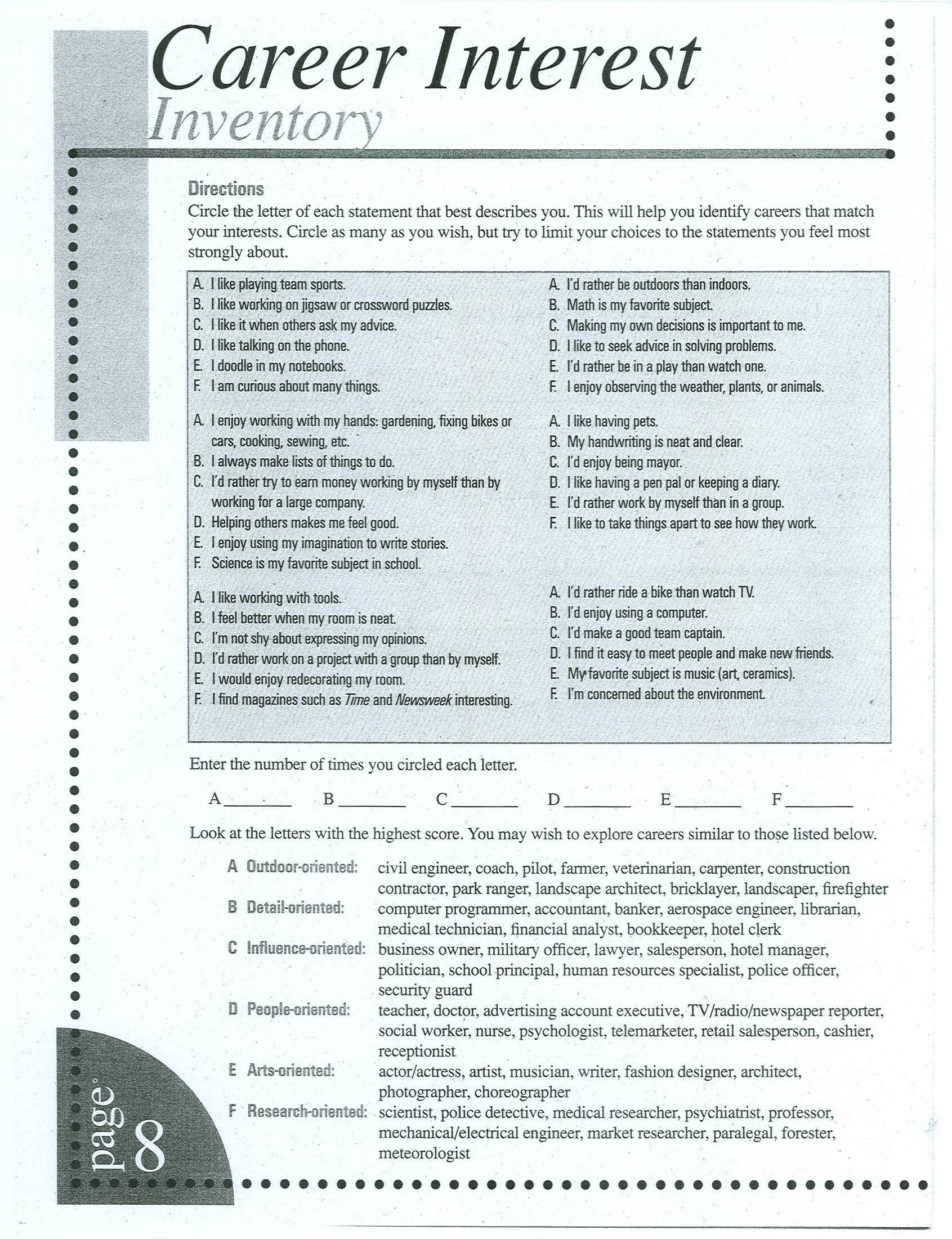 Free Printable Career Test For High School Students – Orek - Printable Career Interest Survey For High School Students Free