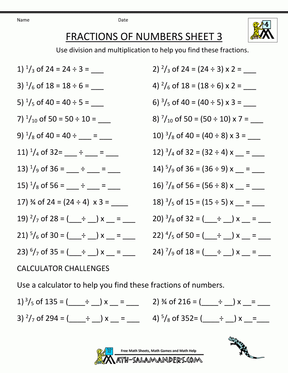 Free Printable Fraction Worksheets Fractions Of Numbers 3 | Fracţii - Free Printable Fraction Worksheets Ks2