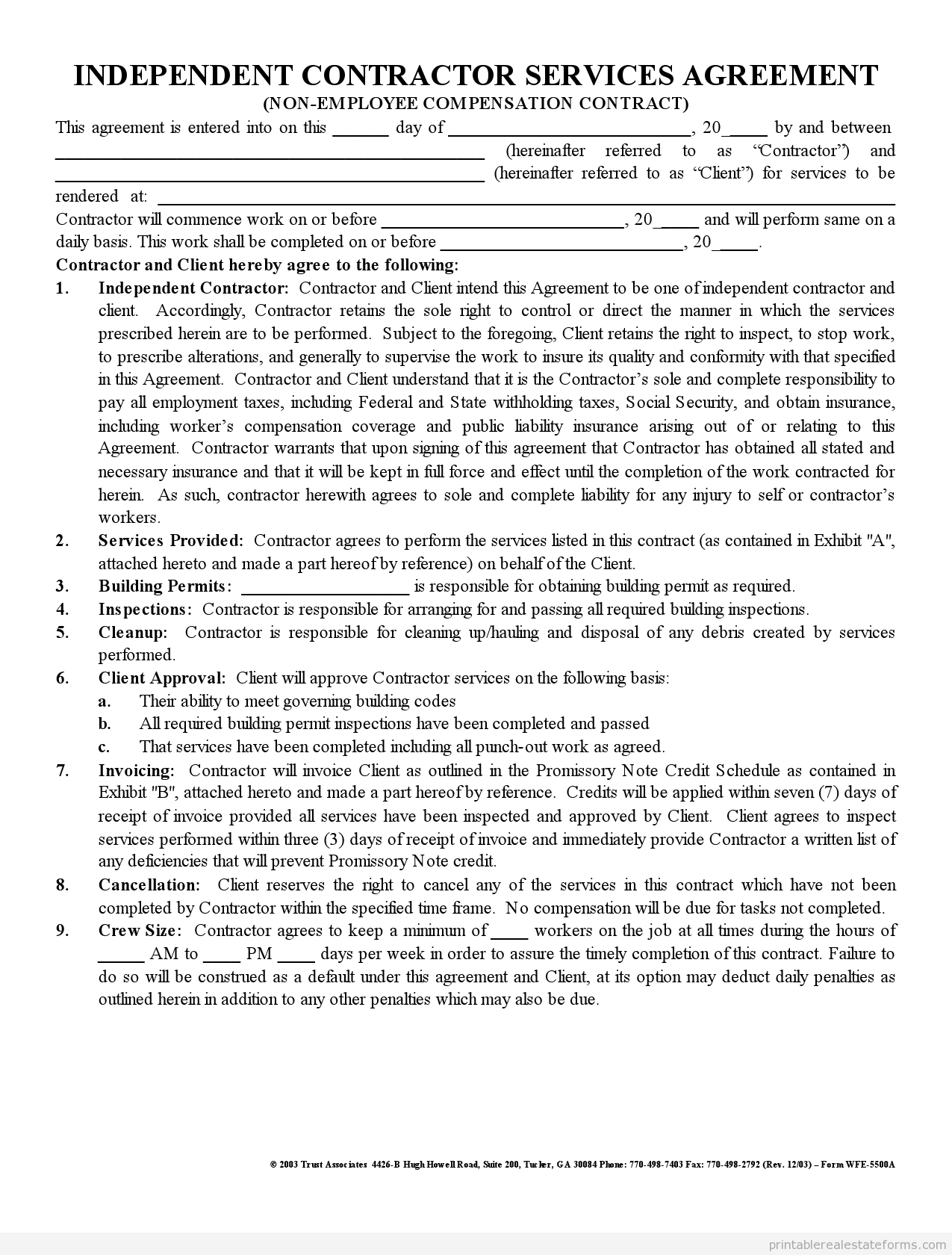 Free Printable Independent Contractor Agreement Form | Printable - Free Printable Handyman Contracts
