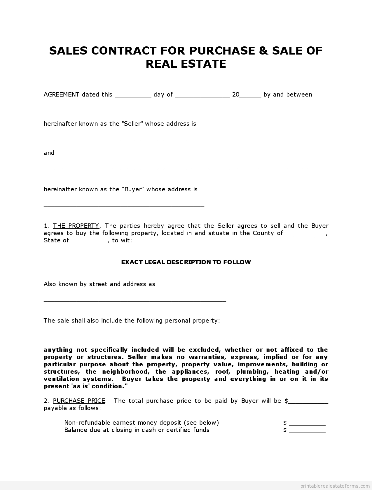 Free Printable Land Contract Forms (Word File) - Free Printable Real Estate Contracts