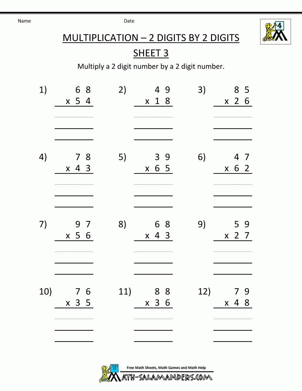Free Printable Multiplication Worksheets 2 Digits2 Digits 3 - Free Printable Multiplication Worksheets For 4Th Grade