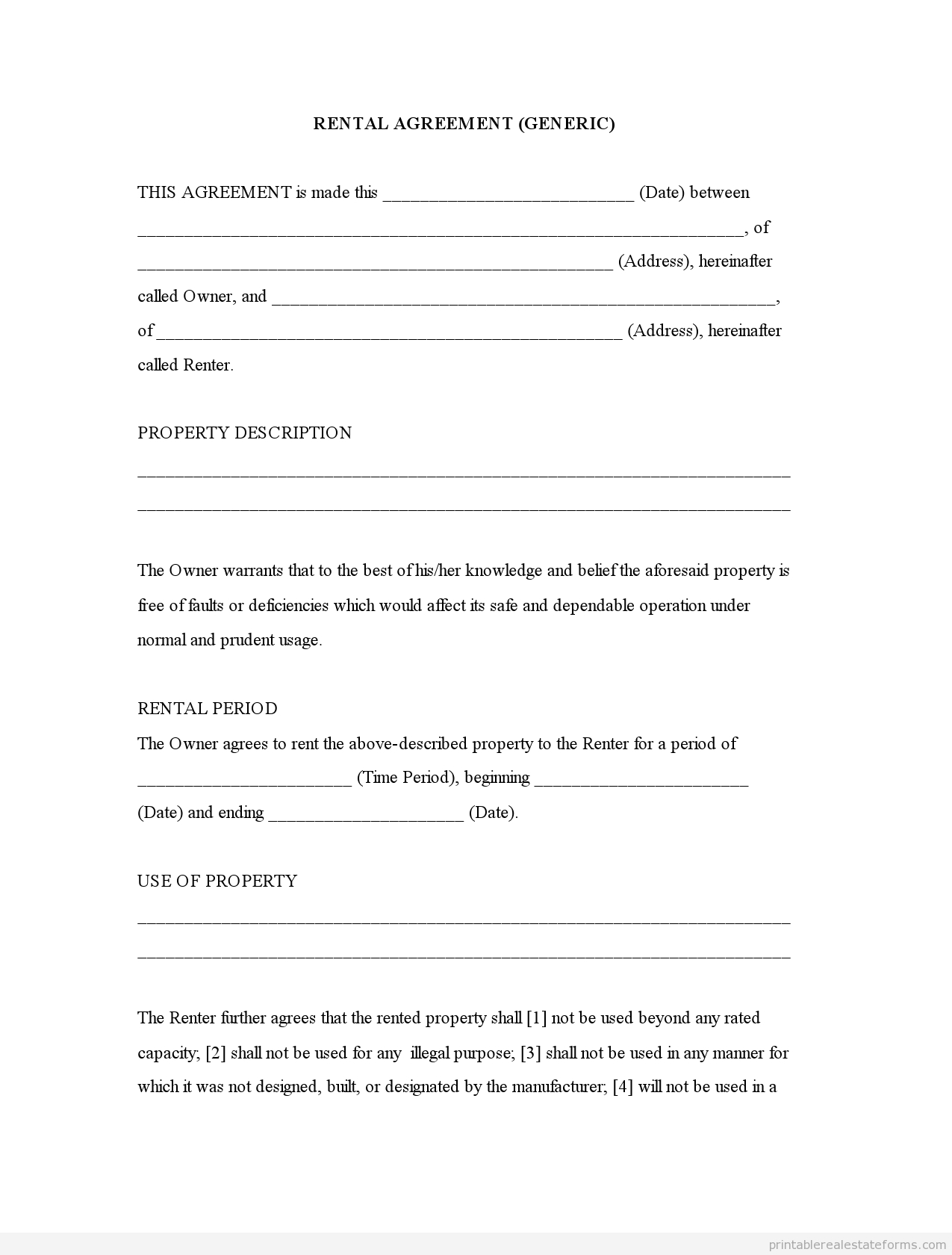 Free Printable Rental Agreement | Rental Agreement (Generic)0001 - Free Printable Lease Agreement Ny