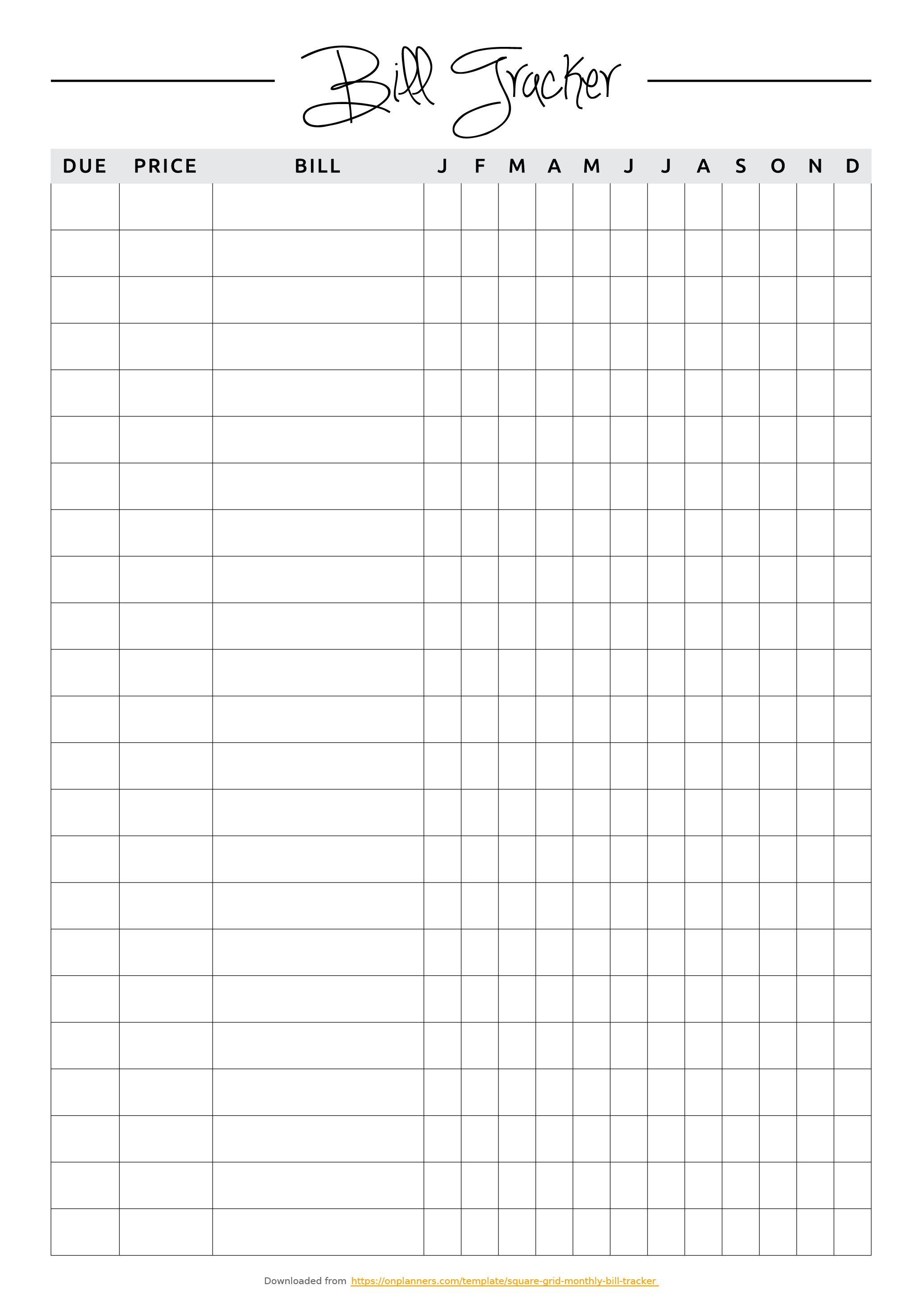 Free Printable Square Grid Monthly Bill Tracker Pdf Download - Free Printable Bill Tracker