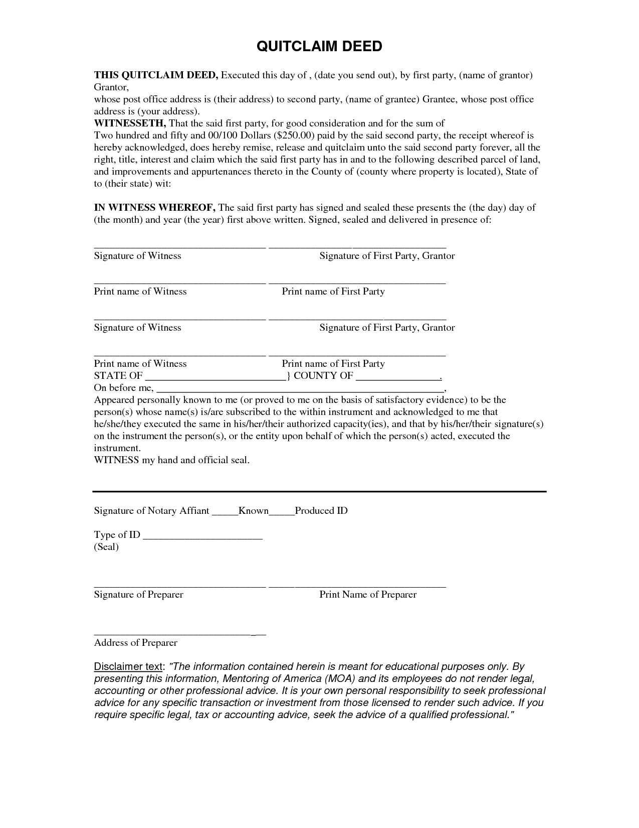 Free Quit Claim Deed Form - Quit Form | Real State | Legal Forms - Free Printable Quit Claim Deed Form