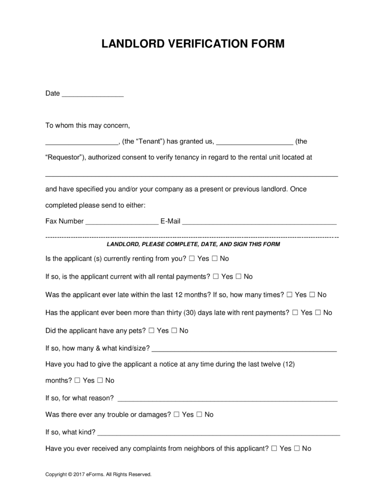 Free Rent (Landlord) Verification Form - Word | Pdf | Eforms – Free - Free Printable Landlord Forms