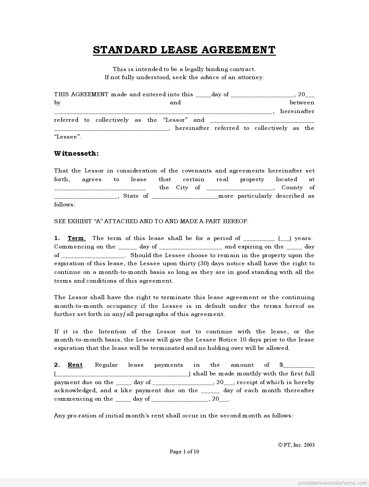 Free Rental Agreements To Print | Free Standard Lease Agreement Form - Free Printable Room Rental Agreement Forms