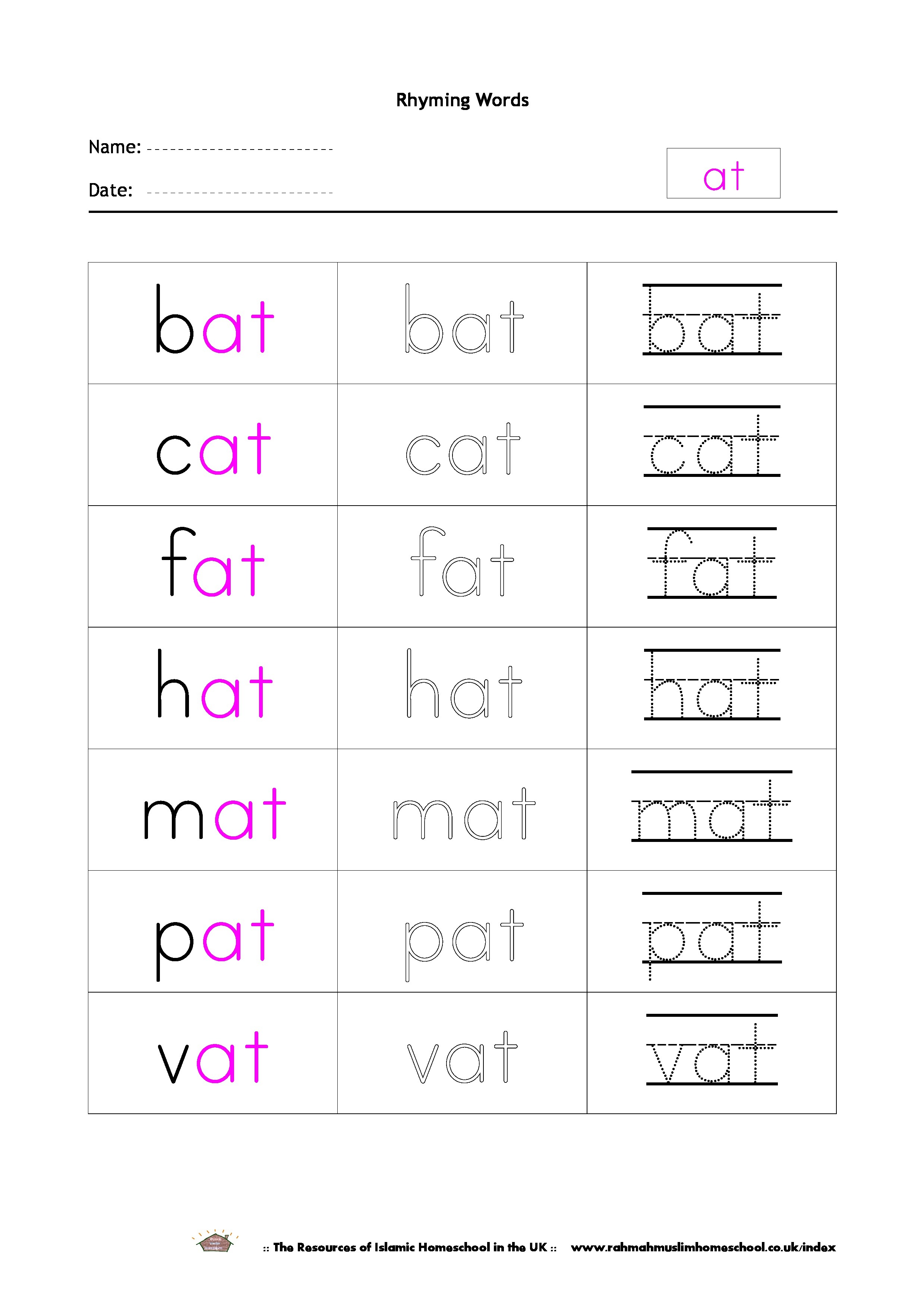 Free Rhyming Words Worksheet “At” | The Resources Of Islamic - Free Printable Rhyming Words Flash Cards