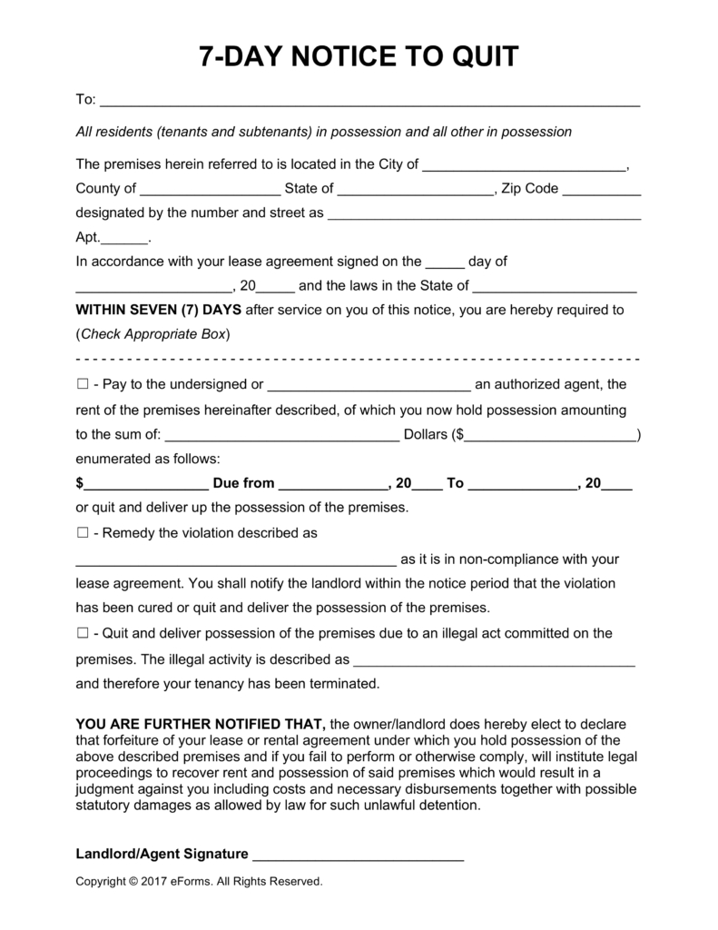 Free Seven (7) Day Eviction Notice Template - Pdf | Word | Eforms - Free Printable Eviction Notice Pa