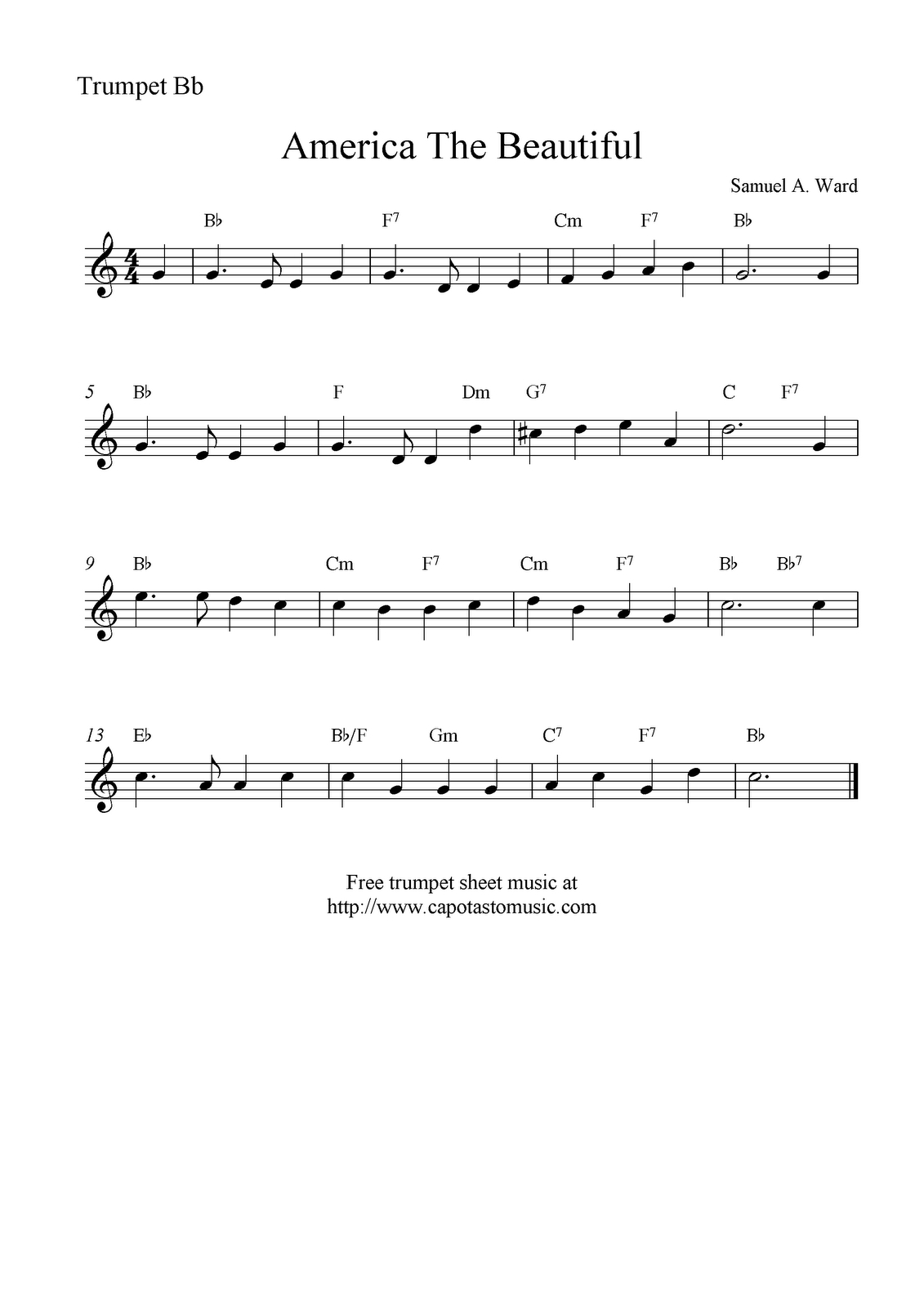 Free Sheet Music Scores: America The Beautiful, Free Trumpet Sheet - Free Printable Sheet Music For Trumpet