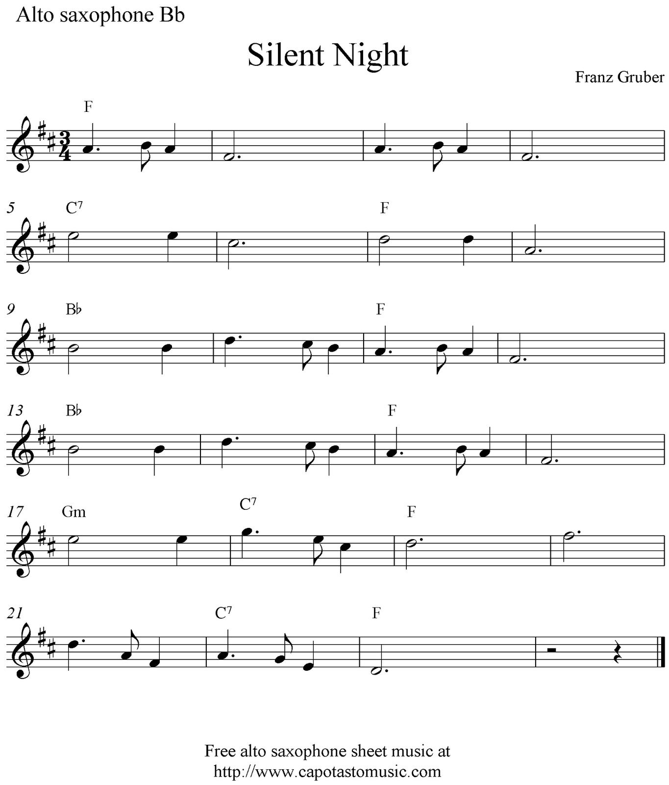 Free Sheet Music Scores: Silent Night, Free Christmas Alto Saxophone - Free Printable Christmas Sheet Music For Alto Saxophone