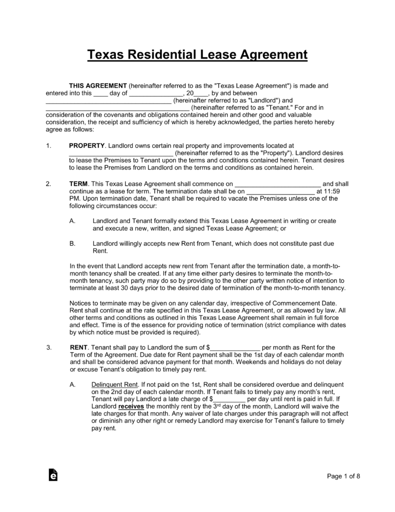 Free Texas Standard Residential Lease Agreement Template - Pdf - Free Printable Lease Agreement Texas
