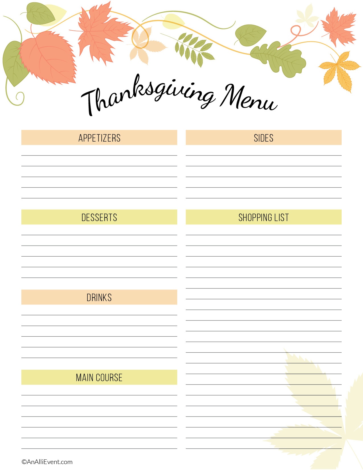Free Thanksgiving Planner Printable - An Alli Event - Free Printable Thanksgiving Menu Template