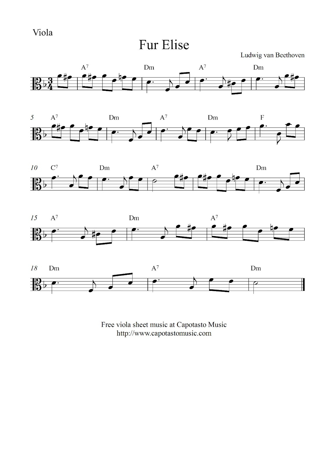 Free Viola Sheet Music Score, Fur Elise - Viola Sheet Music Free Printable
