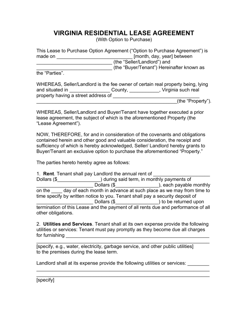 Free Virginia Lease Agreement With Option To Purchase Form - Pdf - Free Printable Lease Agreement Ny