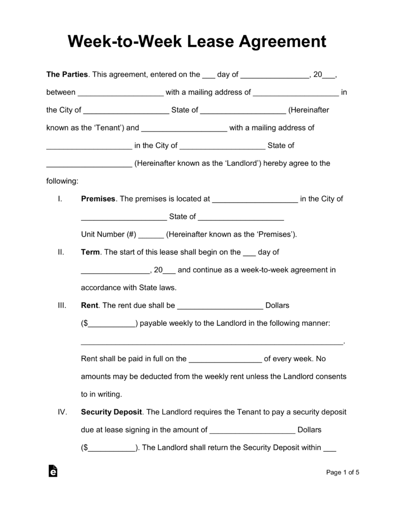 Free Week To Week (Weekly) Lease Agreement Template - Pdf | Word - Free Printable Lease Agreement Ny