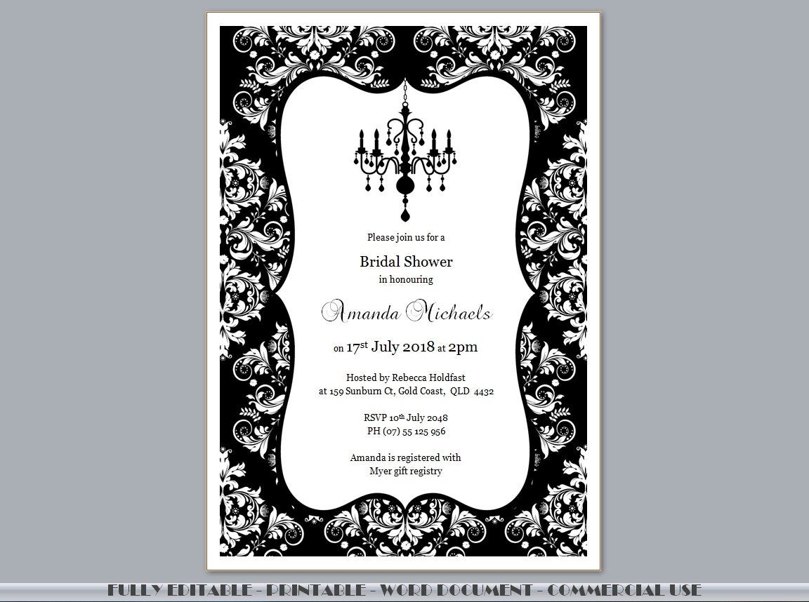Fully Editable Printable Black Damask Chandelier Bridal | Etsy - Free Printable Chandelier Template