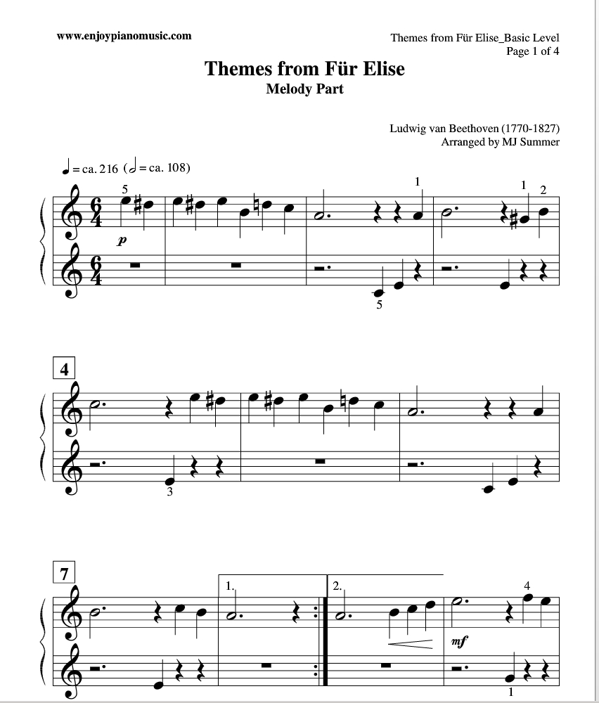 Fur Elise Piano Duet Sheet Music (Easy And Free) For Kids Or - Free Printable Classical Sheet Music For Piano