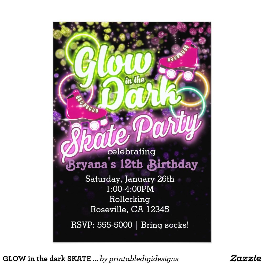 Glow In The Dark Skate Party Birthday Invitation | Zazzle In - Free Printable Glow In The Dark Birthday Party Invitations