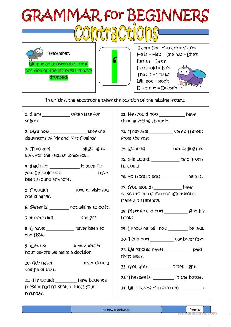 Grammar For Beginners: Contractions Worksheet - Free Esl Printable - Free Printable Grammar Worksheets For Highschool Students