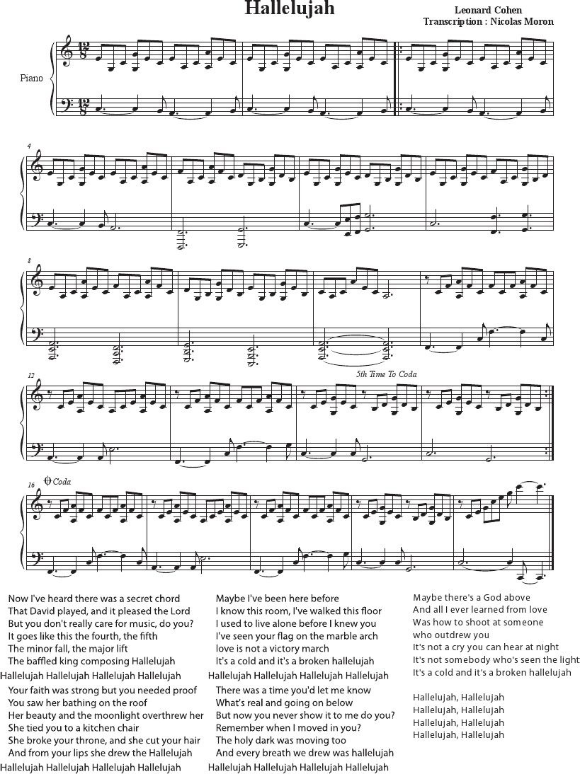 Hallelujah - Cohen - Rufus Wainwright - Shrek Best - Sheet Music - Hallelujah Piano Sheet Music Free Printable