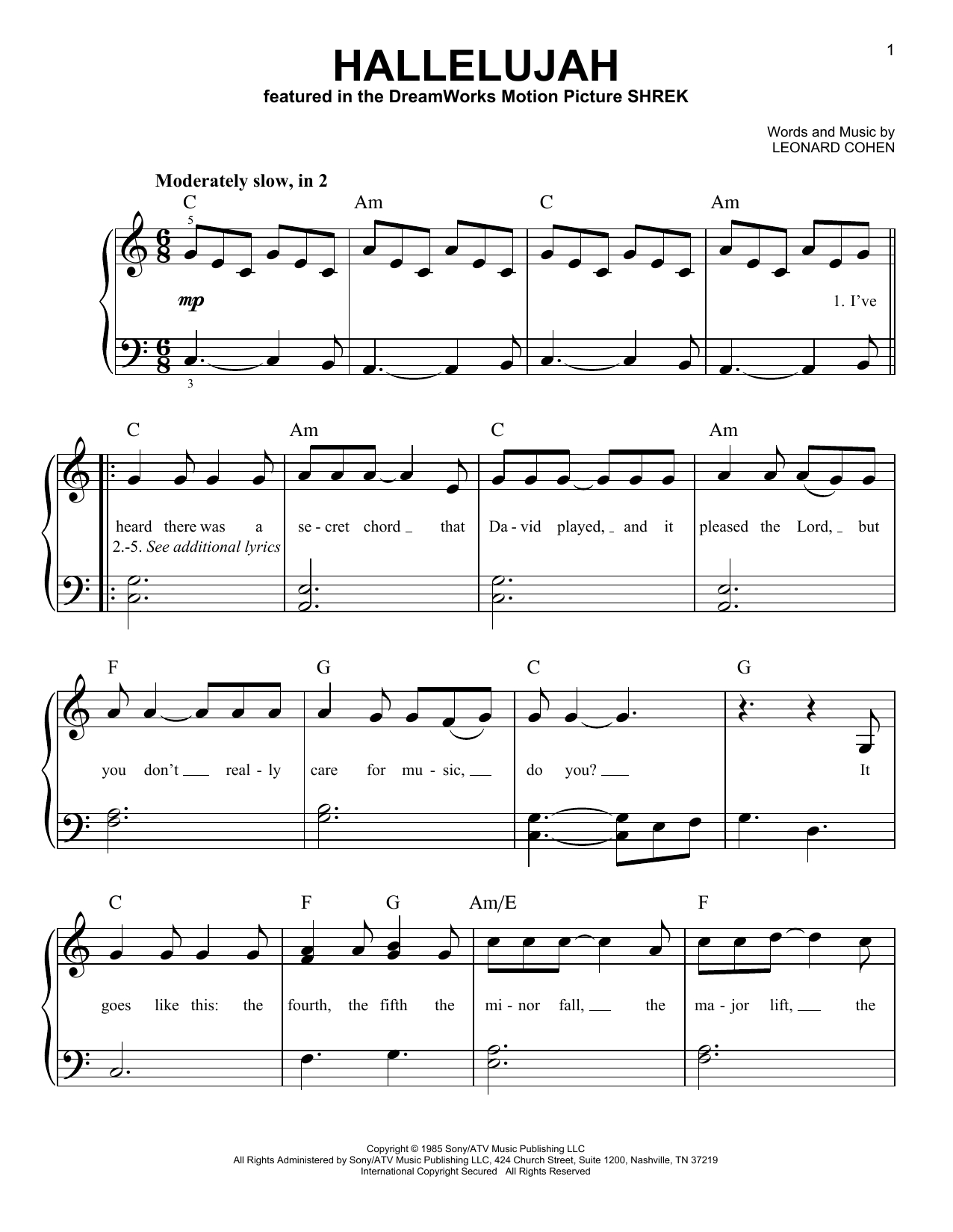 Hallelujahleonard Cohen Very Easy Piano Digital Sheet Music In - Hallelujah Piano Sheet Music Free Printable