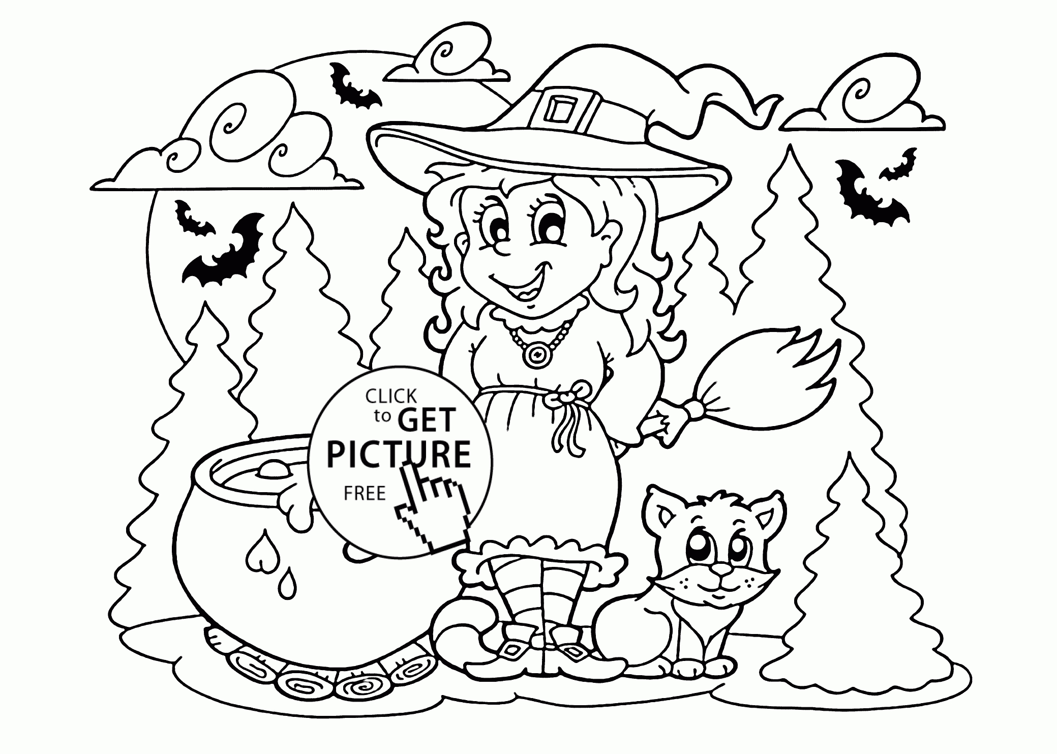 Halloween Witch And Cat Coloring Page For Kids, Printable Free - Free Printable Pictures Of Witches