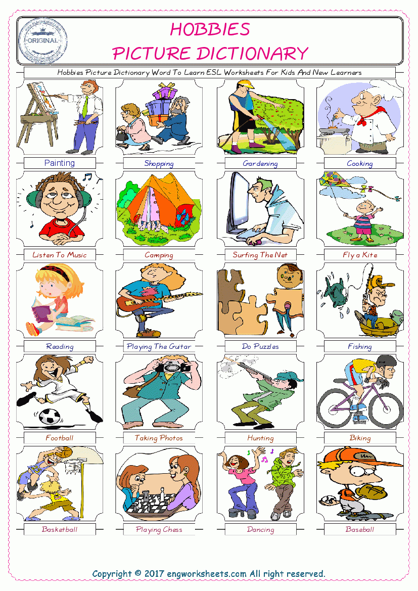 Hobbies - Free Esl, Efl Worksheets Madeteachers For Teachers - Free Printable Picture Dictionary For Kids