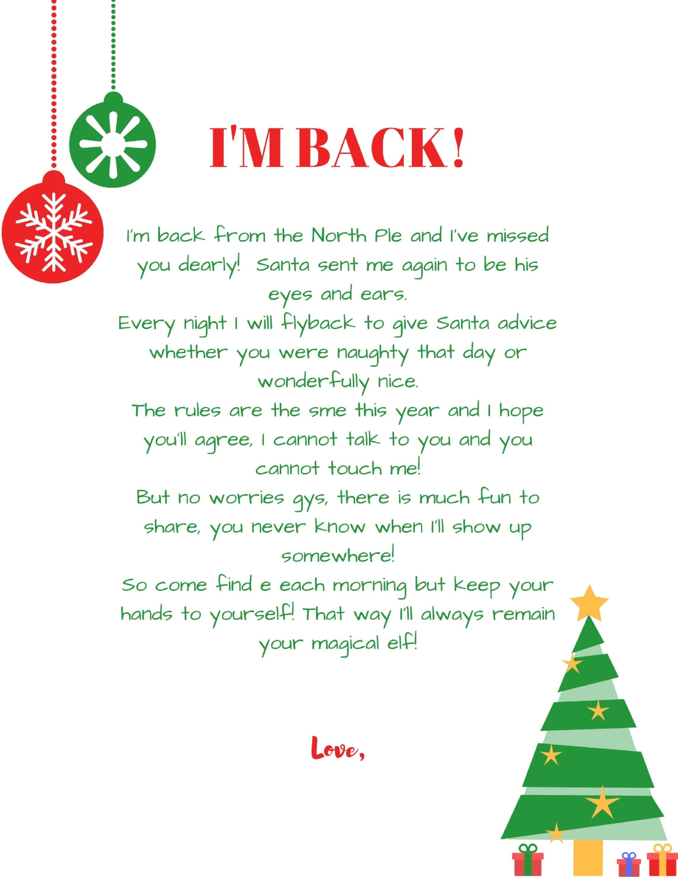 Im-Back-Elf-On-The-Shelf-Arrival-Letter-Free-Printable | Holiday - Free Printable Elf On Shelf Arrival Letter