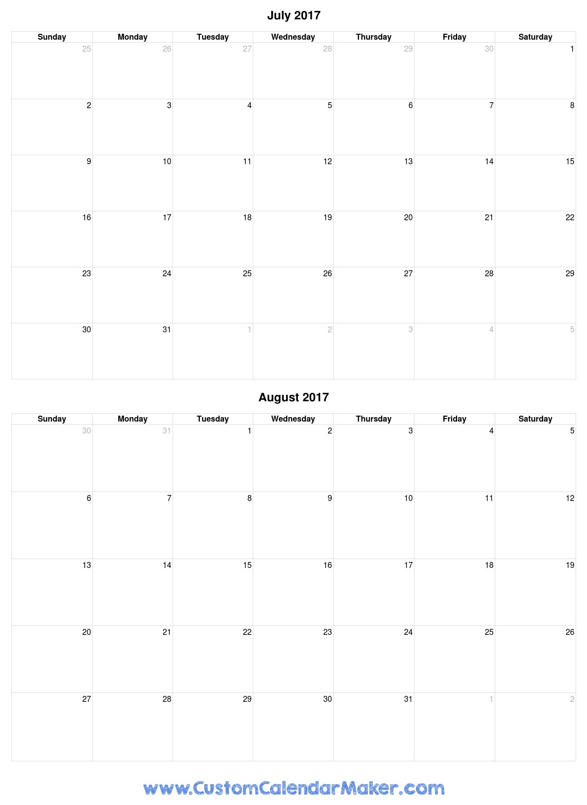 July And August 2017 Free Printable Calendar Template - Free Printable August 2017