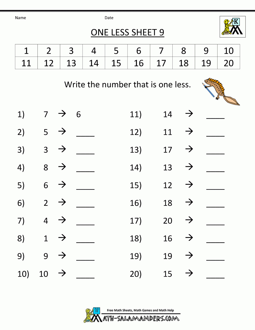 Kindergarten Math Printable Worksheets - One Less - Free Printable Math Worksheets