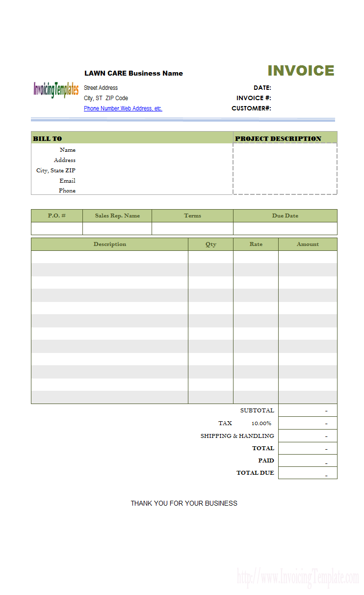 Lawn Care Invoice Template - Free Bill Invoice Template Printable