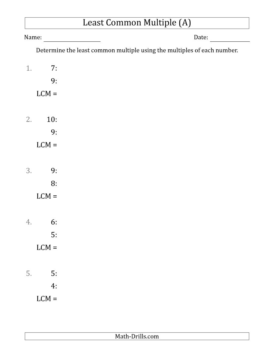 Least Common Multiple From Multiples Of Numbers To 10 (Lcm Not - Least Common Multiple Worksheet Free Printable