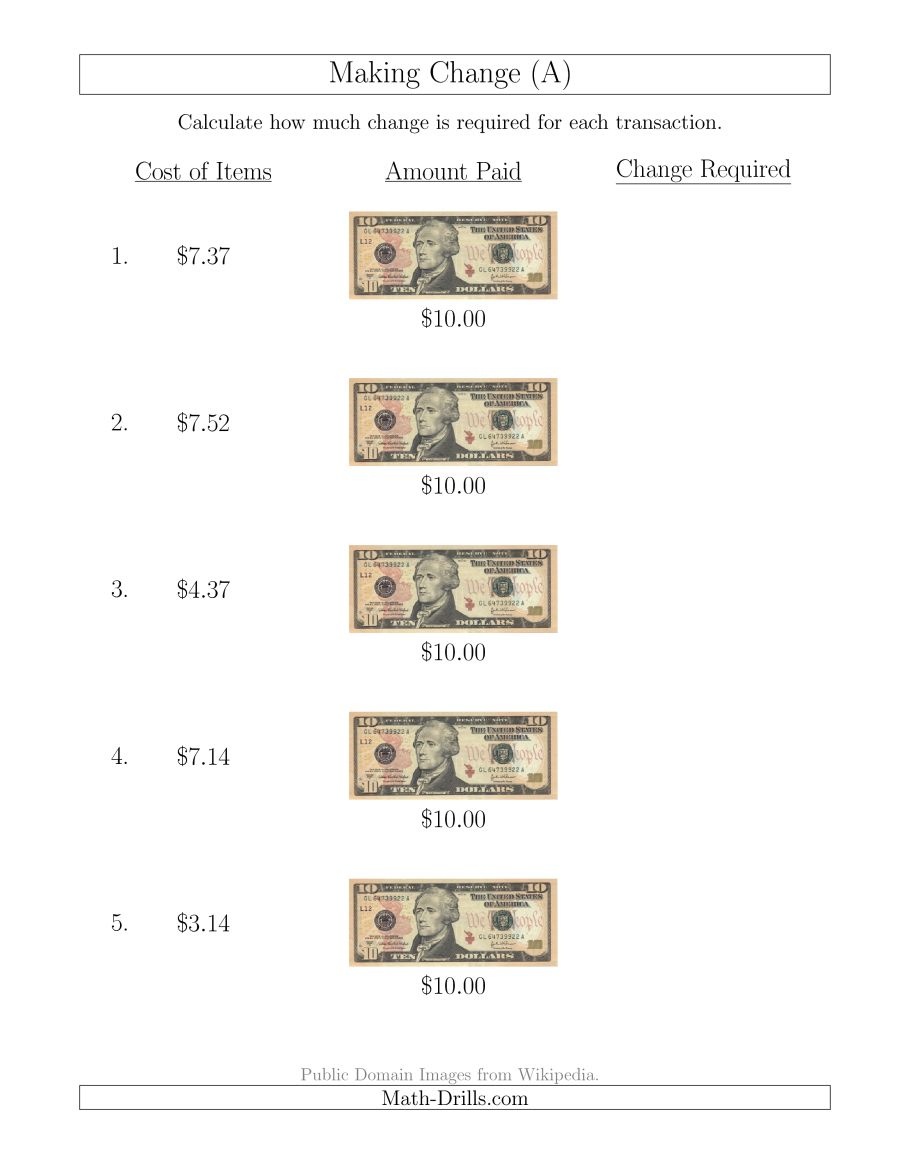 Making Change From U.s. $10 Bills (A) - Free Printable Making Change Worksheets