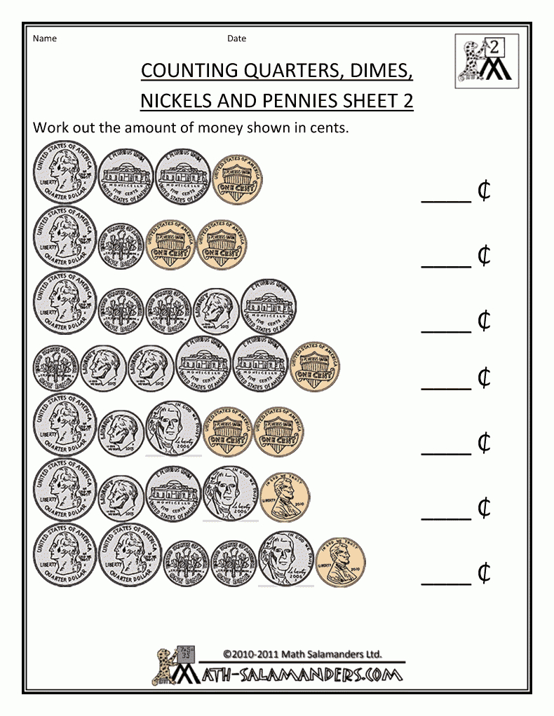 Math Money Worksheets Counting Quarters Dimes Nickels And Pennies 2 - Free Printable Counting Money Worksheets For 2Nd Grade