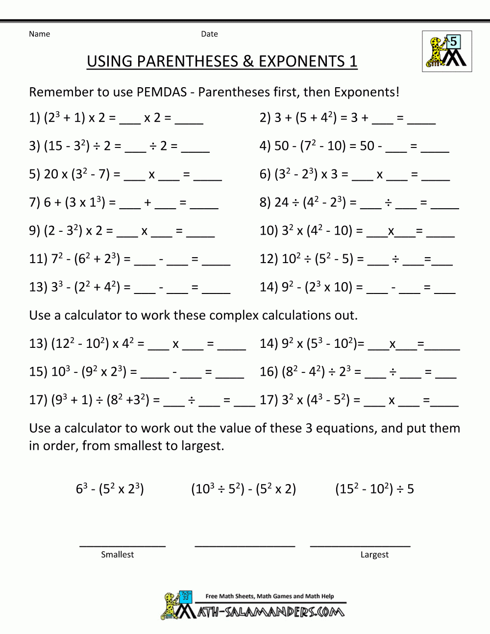 Math Worksheets 5Th Grade Complex Calculations - Free Printable Exponent Worksheets