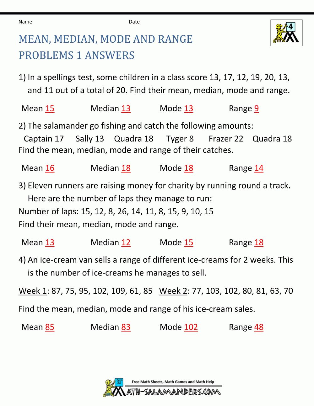 Mean Median Mode Range Worksheets Free Printable Statistics