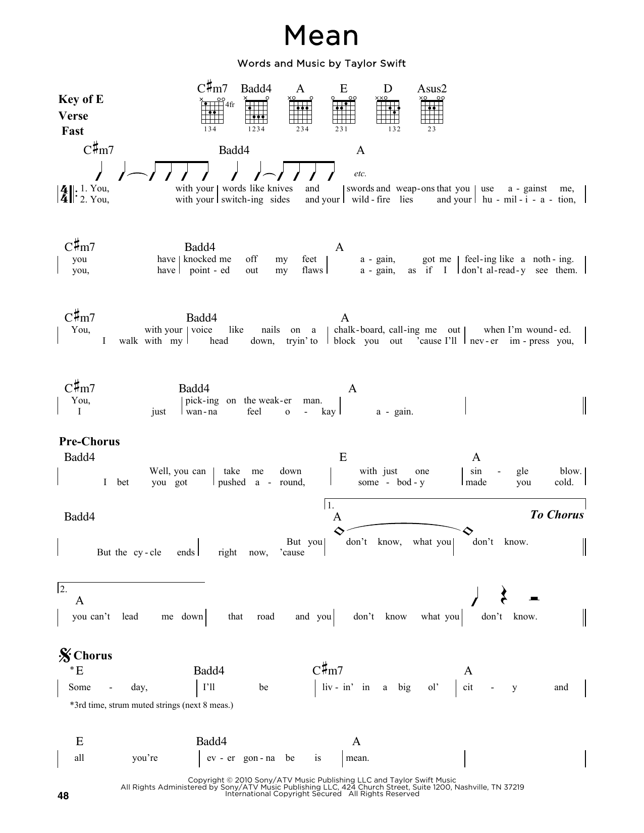 Mean Sheet Music | Taylor Swift | Guitar Lead Sheet - Taylor Swift Mine Piano Sheet Music Free Printable