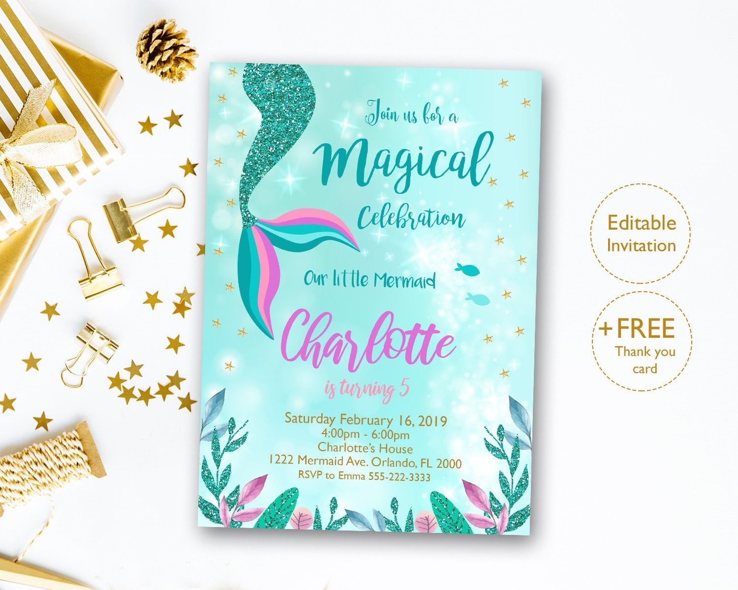 Mermaid Invitation Editable Mermaid Tail Invitation Mermaid | Etsy - Free Printable Mermaid Thank You Cards