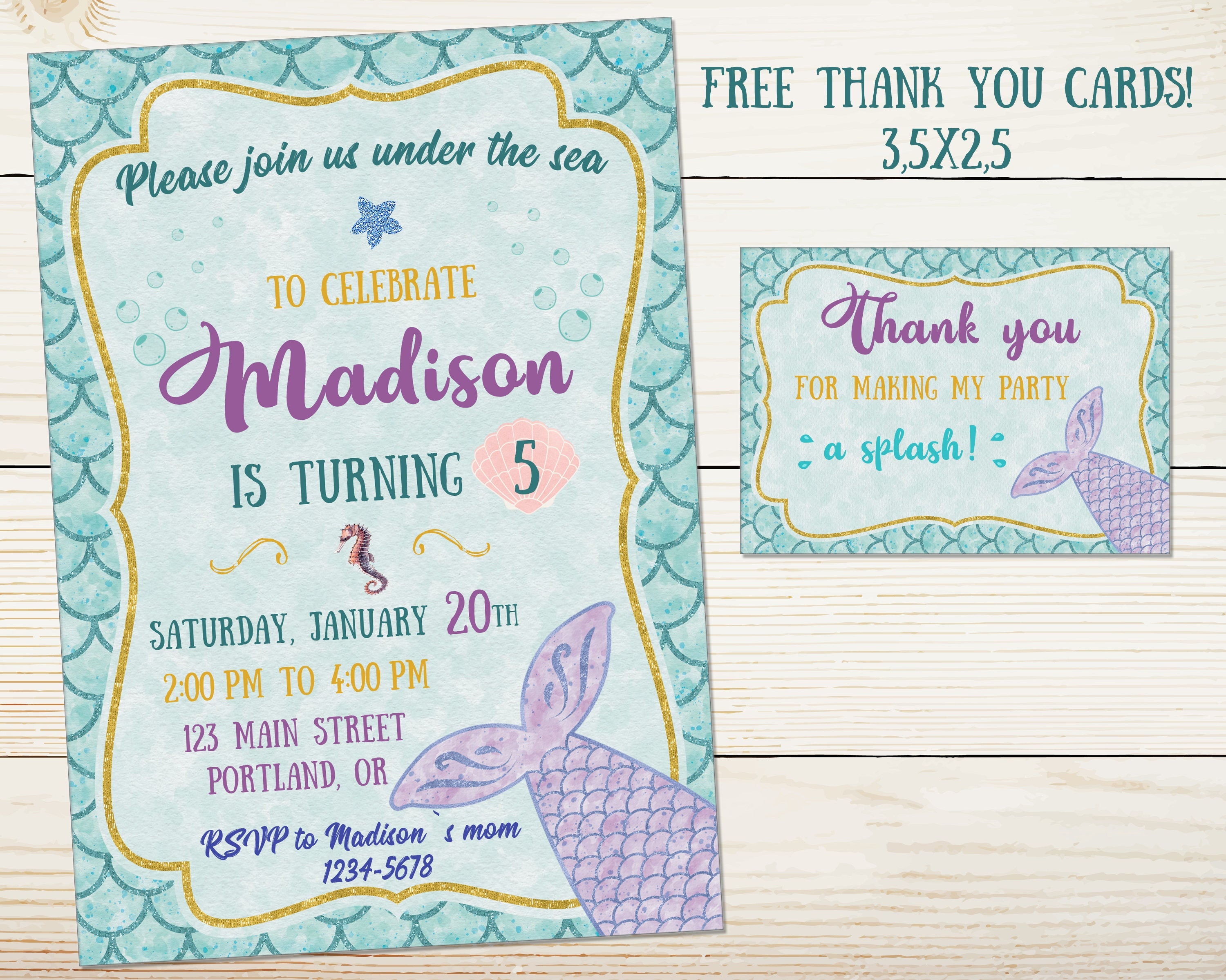 Mermaid Invitation Mermaid Birthday Invitation Mermaid Party | Etsy - Free Printable Mermaid Thank You Cards