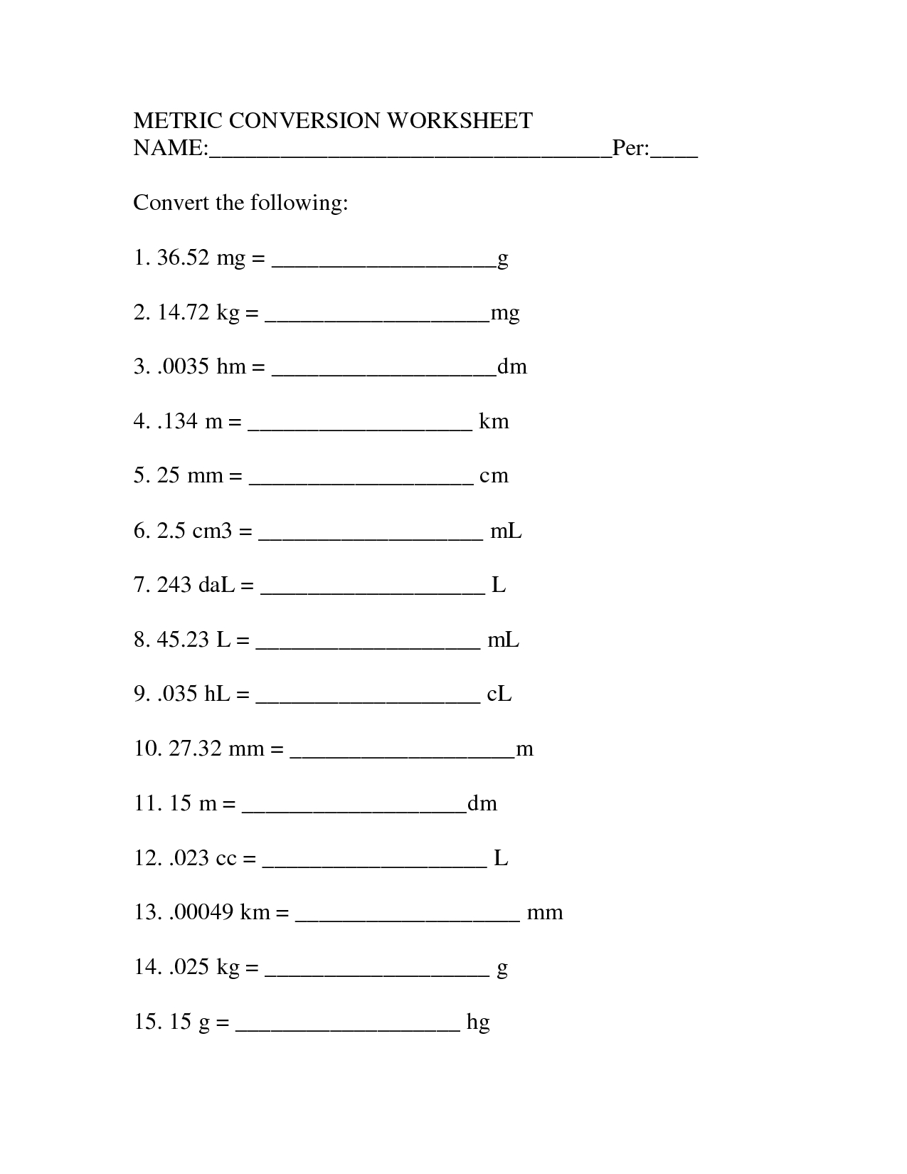 Unit Conversion Worksheets For Converting Metric si Area To Other 